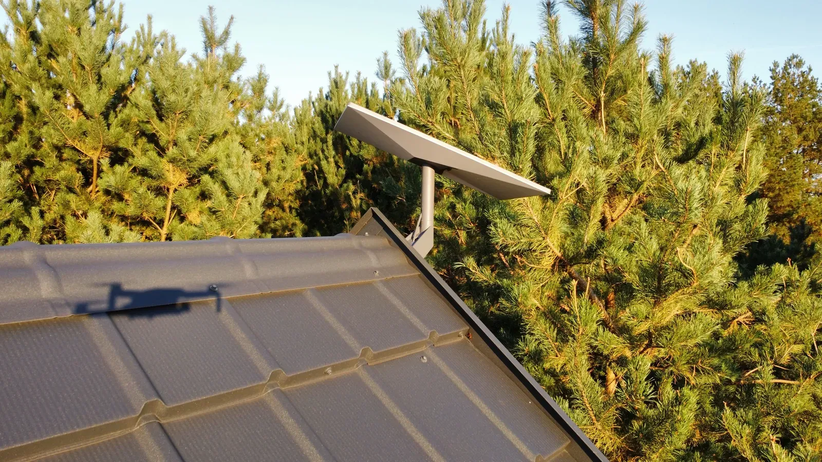 Antena Starlink skierowana w niebo nad dachem domu na wsi